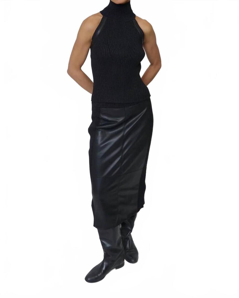 NEW CENTRAL PARK WEST milan vegan leather accent sleeveless t-neck tank in black